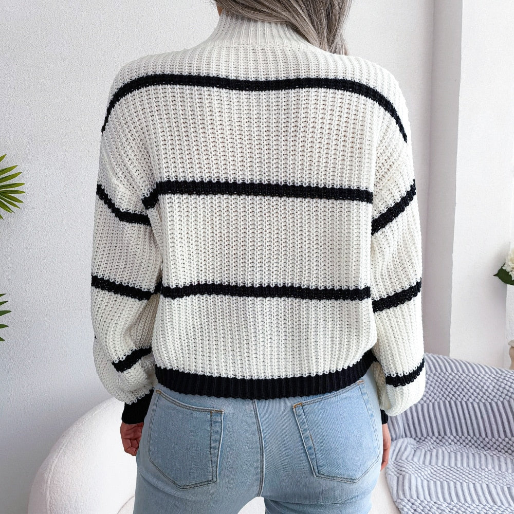 Valenzora Casual Striped Lantern Sleeve Sweater