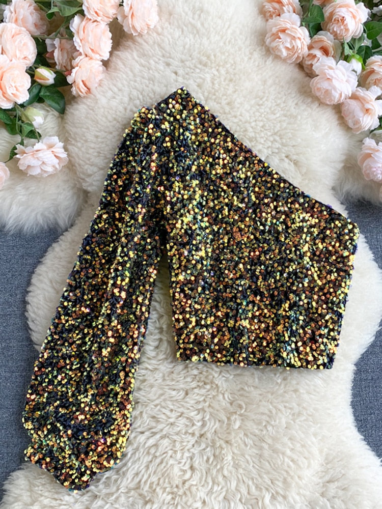 Valenzora | Glittering top with one shoulder strap