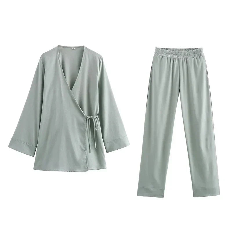 Valenzora | Fashion Linen 2-Piece Women's Spring Summer Kimono Style Loose Lace-Up Shirts Tops Women's Wide Leg Trousers Set