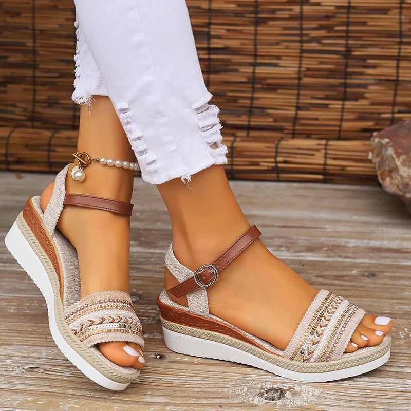 Valenzora | Braided wedge sandals for women in Bohemian style with buckle straps