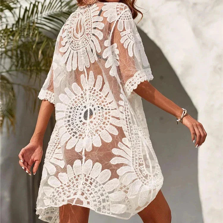 Valenzora | Kimono beach dress with embroidered flowers