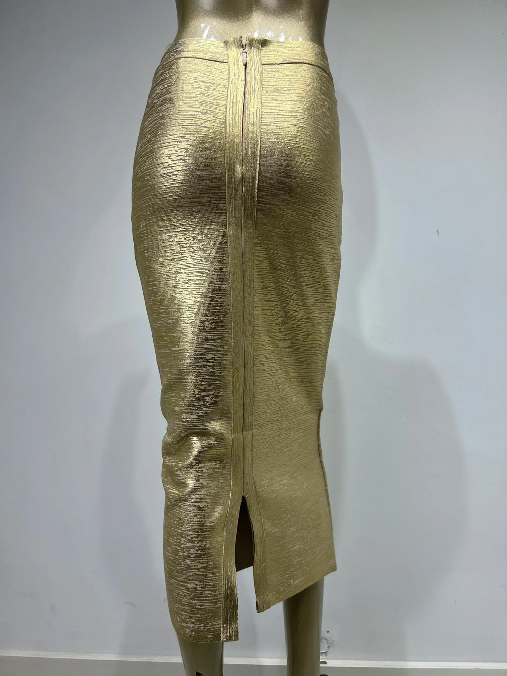 Valenzora | Women's Summer Skirt Sexy Silver Gold Bronzing Midi Bandage Skirt High Street Designer Slim Fit Solid Midi Pencil Skirt 78cm