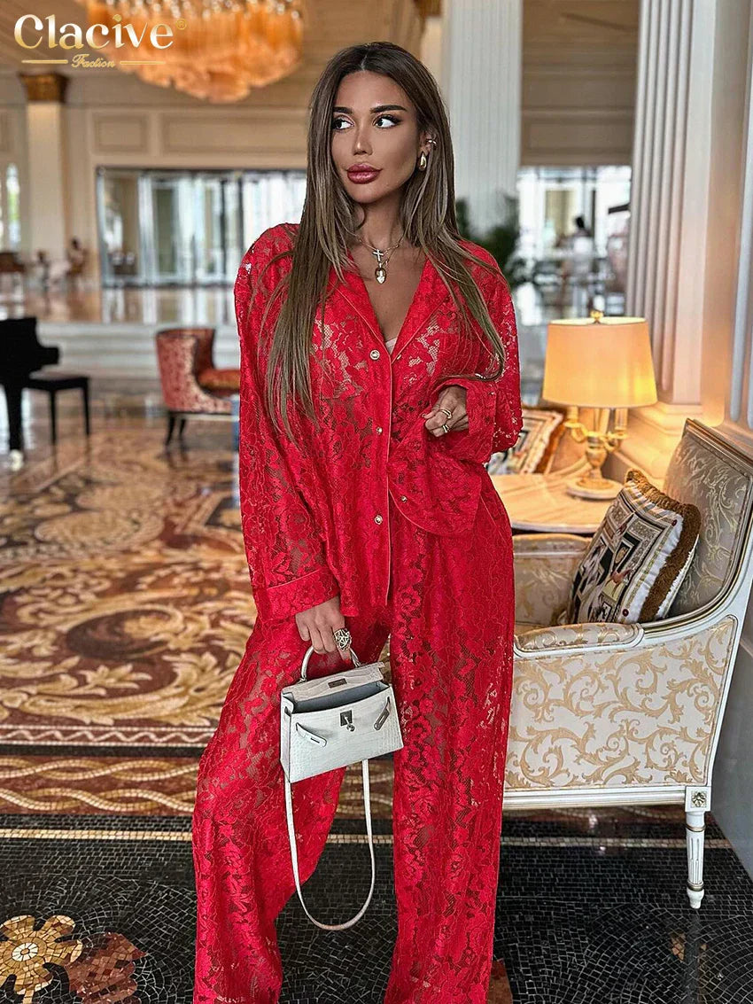 Valenzora | Clacive Sexy Loose Black Lace Transparent Pants Set Women's 2 Piece Fashion Long Sleeve Shirt with High Waist Wide Pants Set