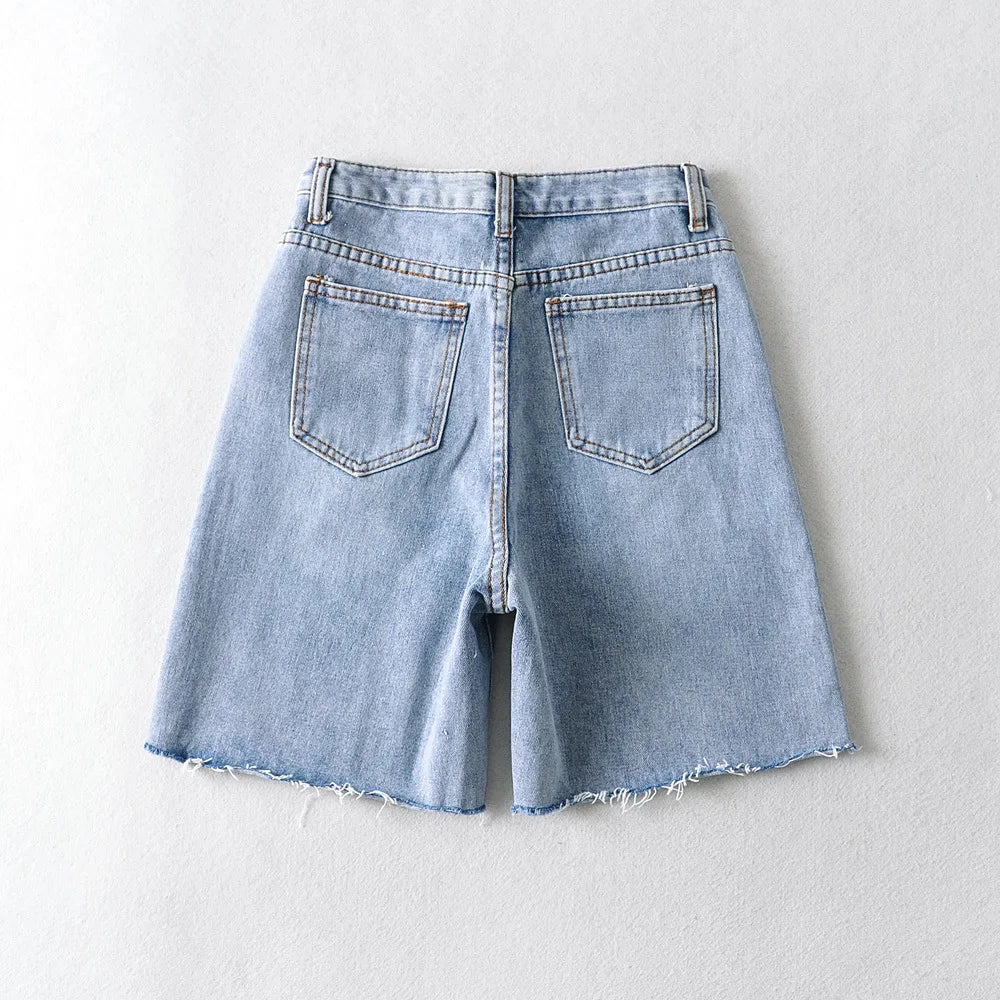 Valenzora | Women's High Waist Wide Leg Denim Shorts Girls Summer Fashion Streetwear Casual Solid Color Female Loose Stretch Jeans