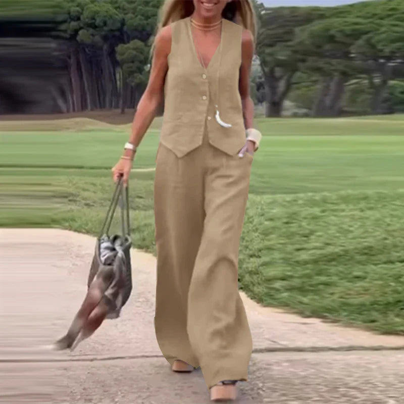 Valenzora Modern Set | Elegant sleeveless V-neck top and wide-leg trousers women's suit