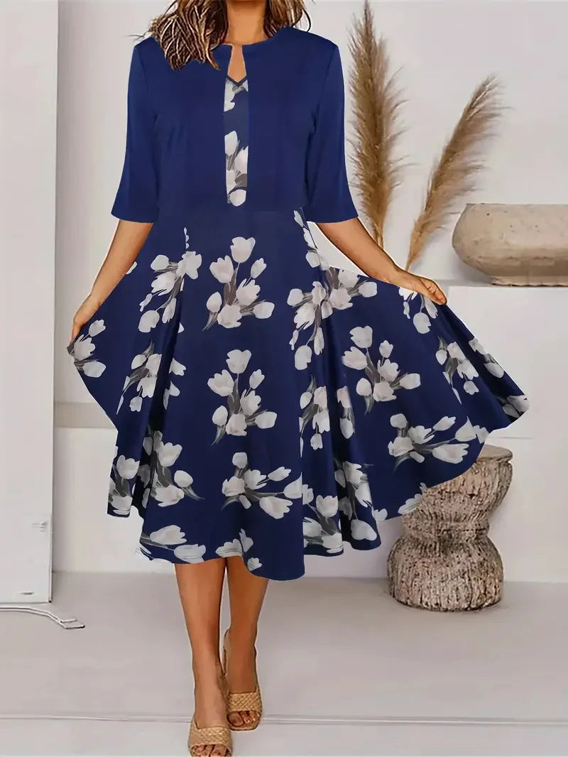 Valenzora | New for summer! EU US Autumn Women's 2 Long Dress Set Floral and Grass Dot Crew Neck Dress with Chiffon Short Jacket
