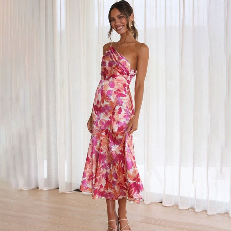 Valenzora | Rosafarbenes One-Shoulder A-Linien Satin-Kleid mit Blumenmuster für Damen