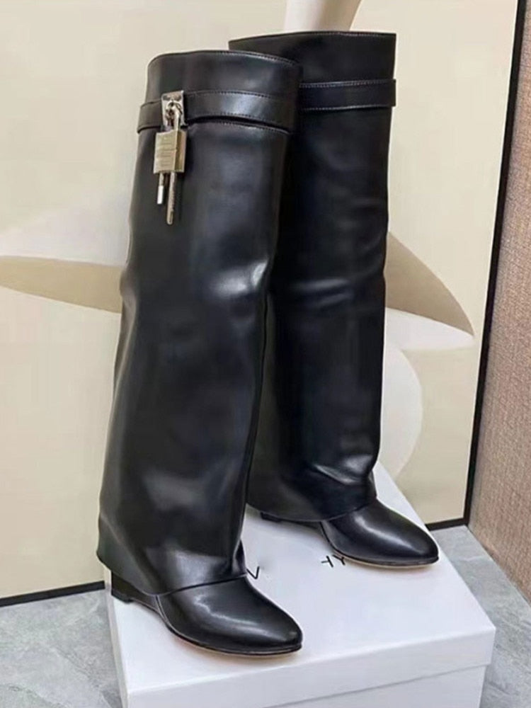 Valenzora | Women's Knee-High Boots Shark Lock Long Thick Soles High Heels Boots Designer Luxury Brand Women's Leather Boots