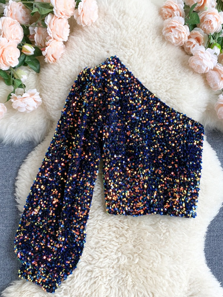 Valenzora | Glittering top with one shoulder strap