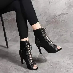 Valenzora | Sandals Cave Mesh Heels Belt Buckle Women's Summer Beige Lace-up Sexy Open Toe Stiletto Jazz Dance Party Women's Shoes