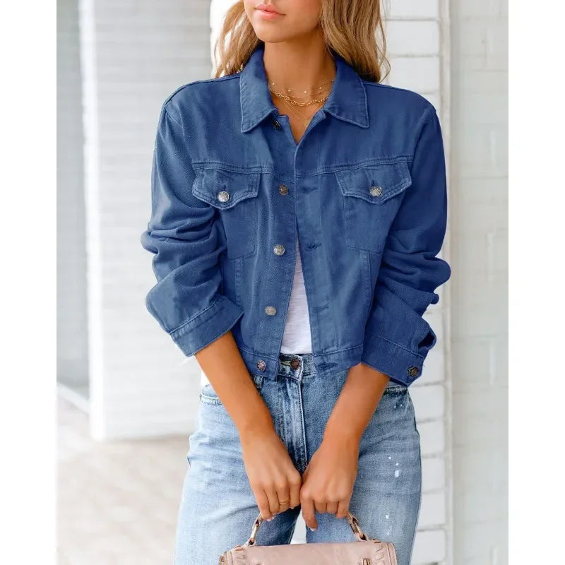 Valenzora | Short pocket jacket Fashion Streetwear Simple button trendy women's denim jackets Long sleeves Autumn New Denim Denim jackets