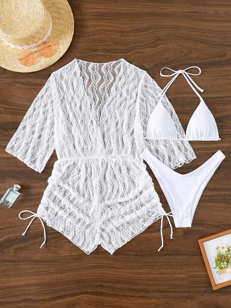 Valenzora | 3-Piece Bikini Tropical Print Swimwear Halter Lace-Up Side Swimsuit Women's Bathing Suit Female Swimming Summer Beachwear