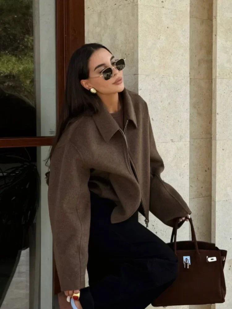 Valenzora | Braune Damen-Wolljacke mit elegantem Kragen