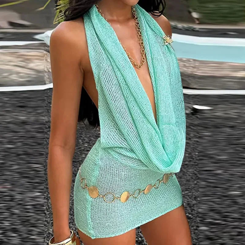 Valenzora | Glitter Halter Mini Dress Women's Knit Backless Sleeveless Bodycon Party Club Dresses Female Summer Ladies Fashion Y2K Robes