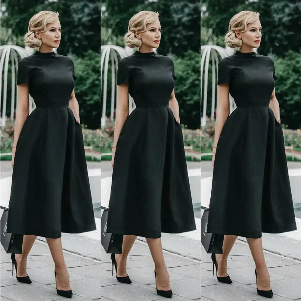 Valenzora | Women's Elegant Black Dress, Half-High Collar, High Waist, A-Line Dresses, Slim Fit Dress, Office Dress, Female Solid Vestidos