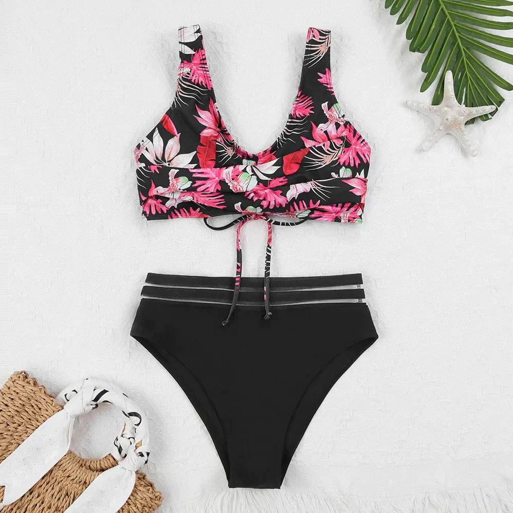 Valenzora | Lace-up High Waist Bikini Women's Swimwear Women's Swimsuit Padded Push-Up Floral Swimsuit Women's Bikini Set