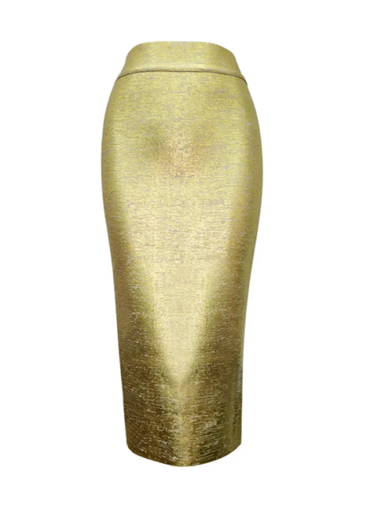 Valenzora | Women's Summer Skirt Sexy Silver Gold Bronzing Midi Bandage Skirt High Street Designer Slim Fit Solid Midi Pencil Skirt 78cm