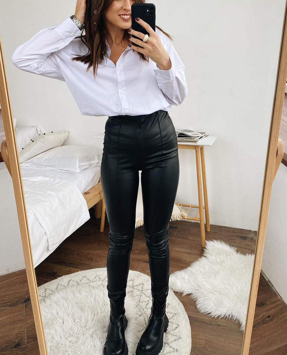 Valenzora Leather Leggings | Leather stretch leggings with fleece for autumn