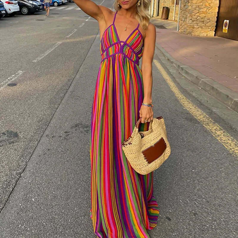 Valenzora | Vibrant striped maxi dress with waist accentuation