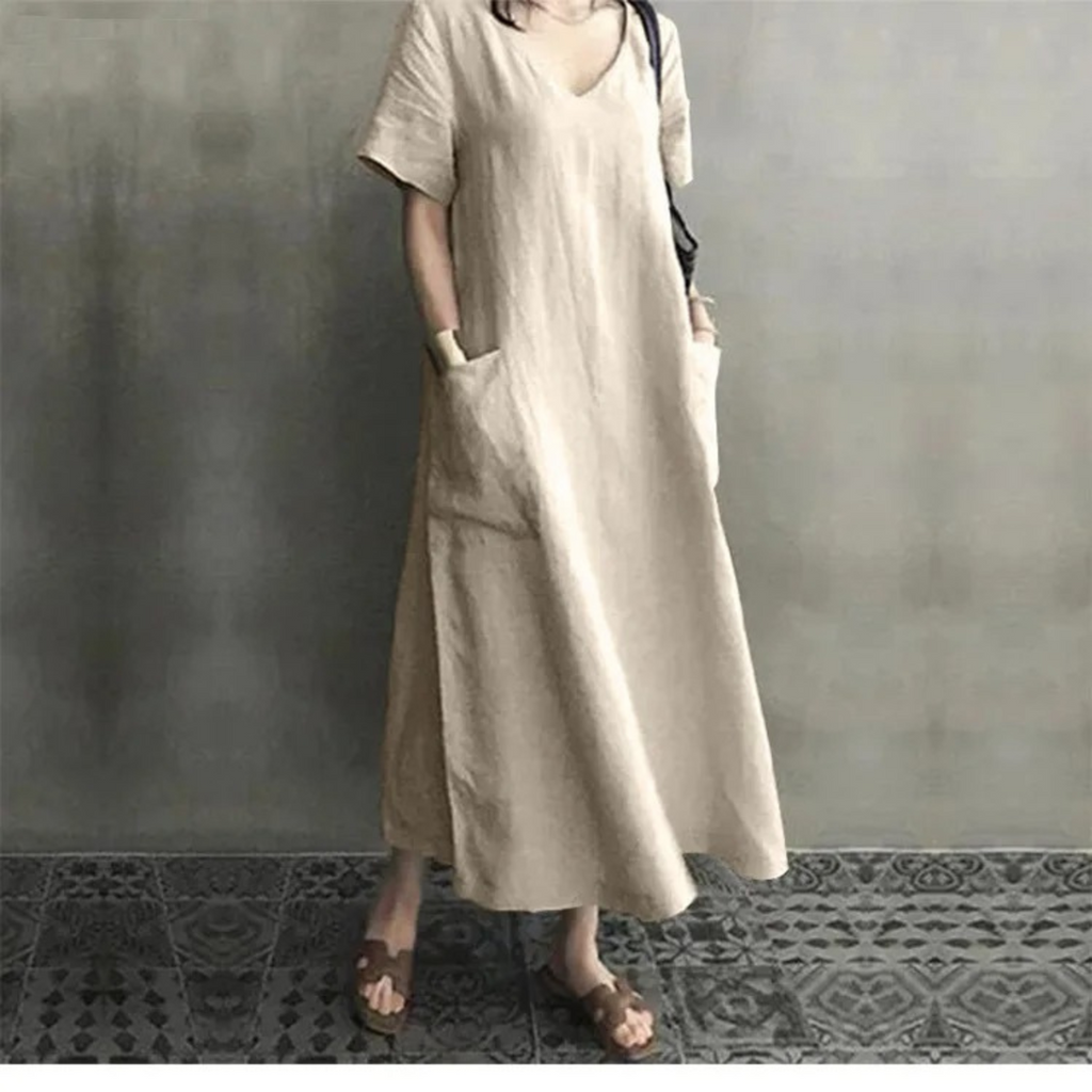 Valenzora | Slim, comfortable linen dress with V-neck