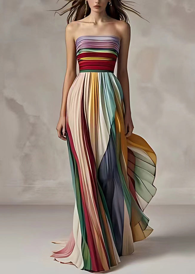 Valenzora | Fit Striped Cold Shoulder Ruched Long Sleeveless Dress