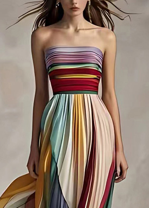 Valenzora | Fit Striped Cold Shoulder Ruched Long Sleeveless Dress