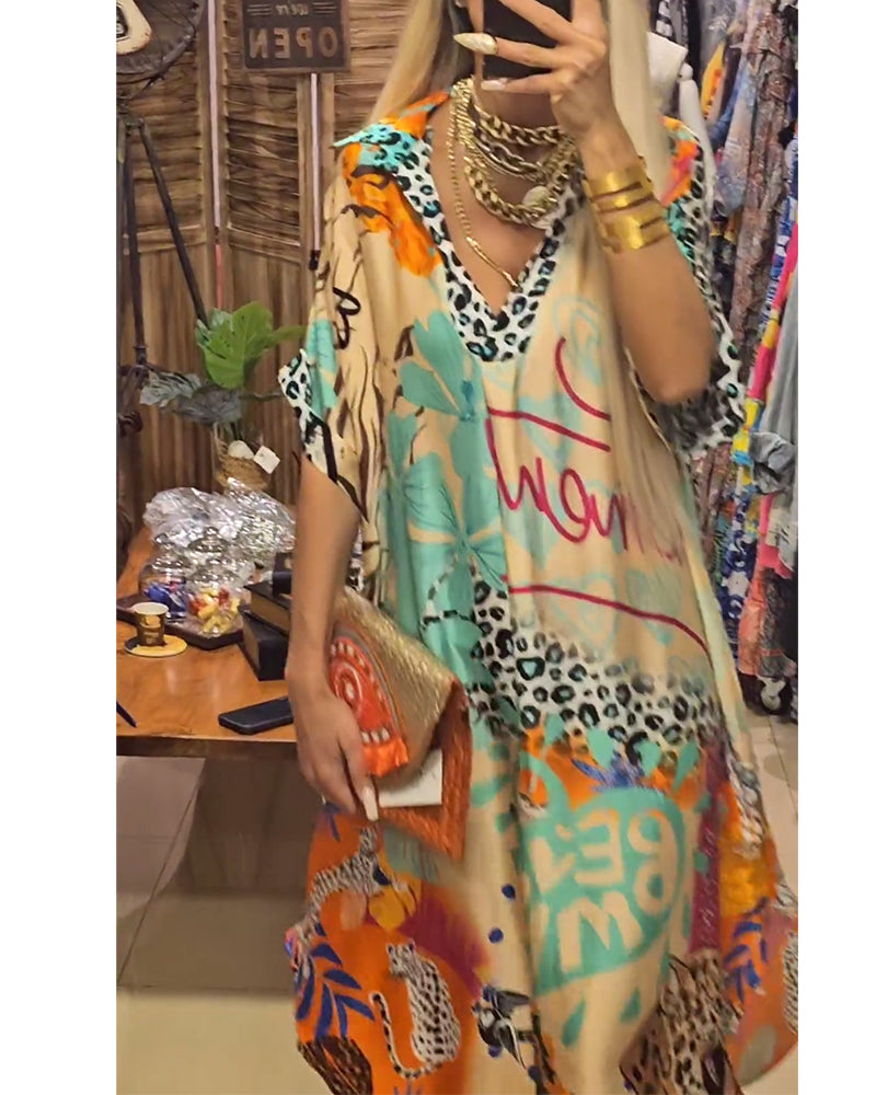 Valenzora | Casual dress with deep V-neck and leopard and colorful print
