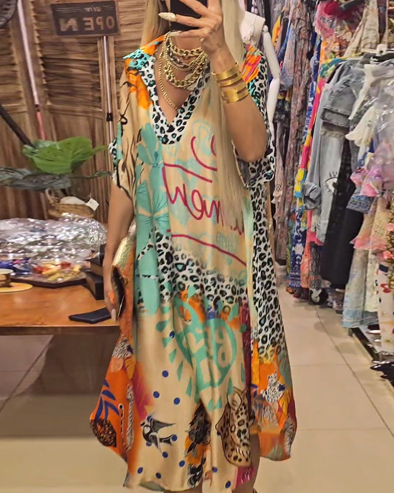 Valenzora | Casual dress with deep V-neck and leopard and colorful print