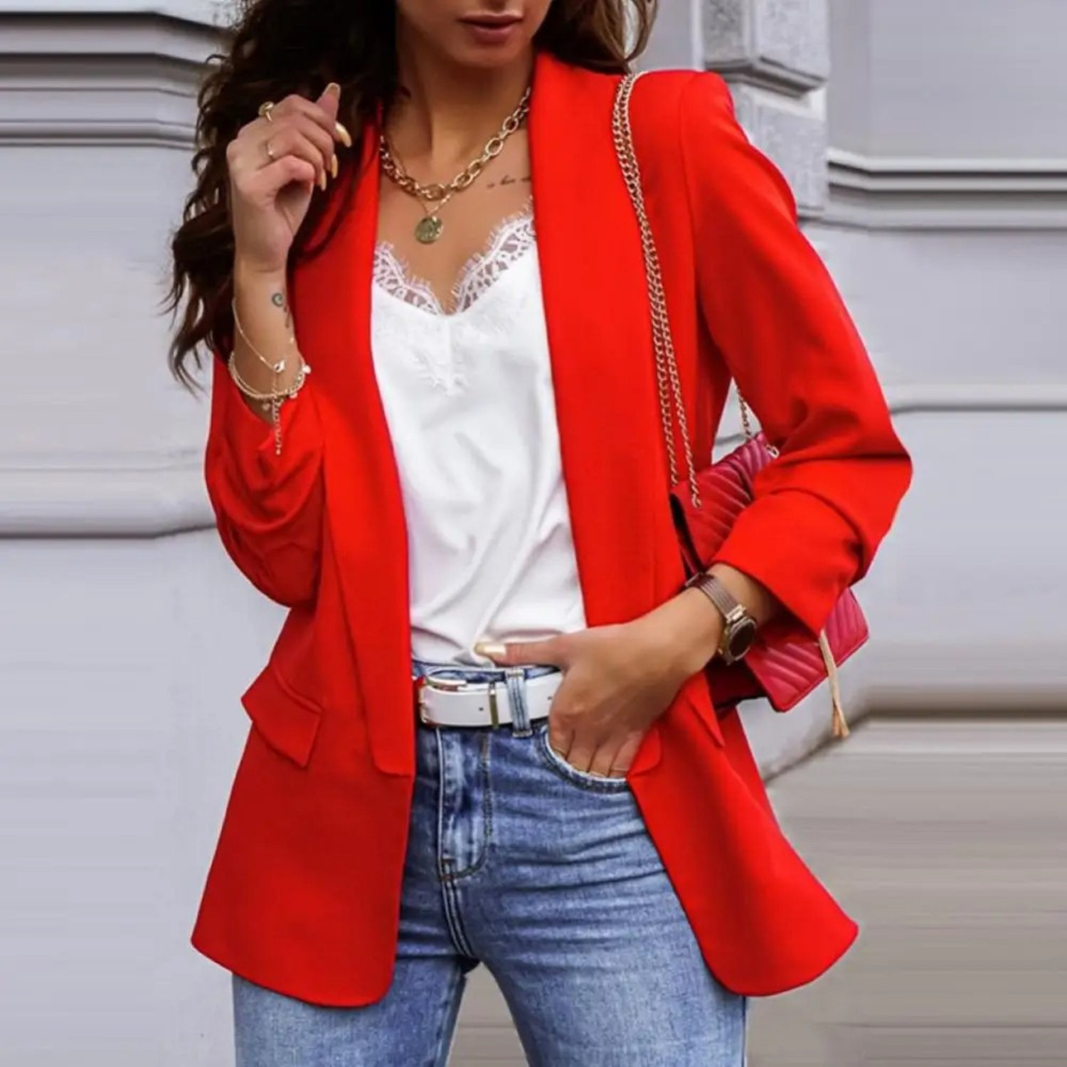 Valenzora | Solid color jacket, modern women's blazer with lapels and long sleeves