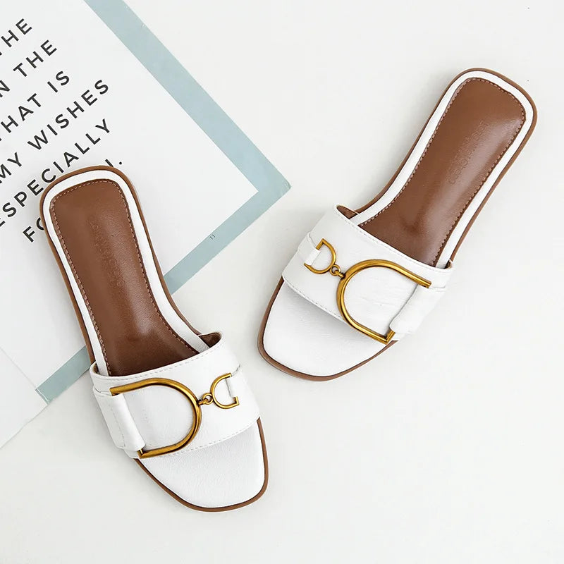 Valenzora – Women's leather slippers with square toe: Designer flats with metal embellishment, outdoor flip-flops, rubber sole