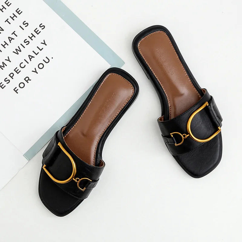 Valenzora – Women's leather slippers with square toe: Designer flats with metal embellishment, outdoor flip-flops, rubber sole