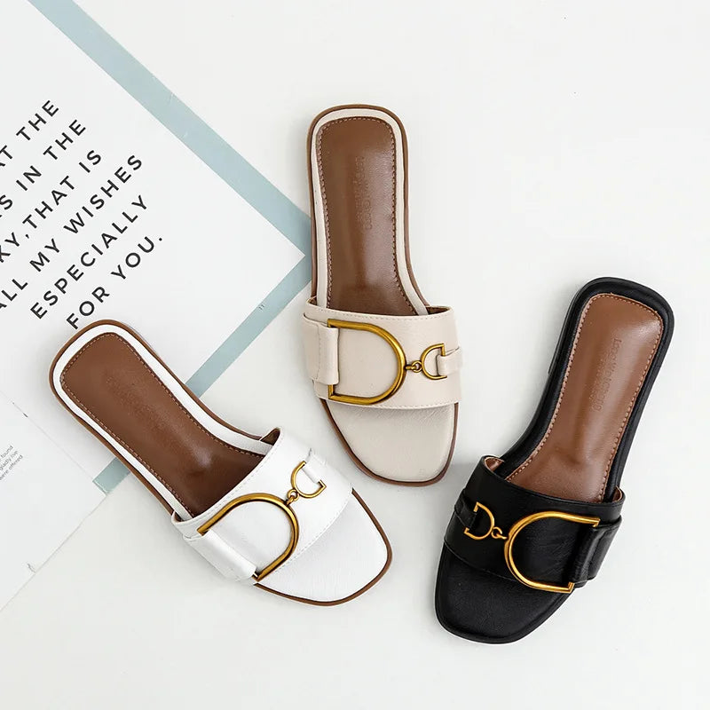 Valenzora – Women's leather slippers with square toe: Designer flats with metal embellishment, outdoor flip-flops, rubber sole
