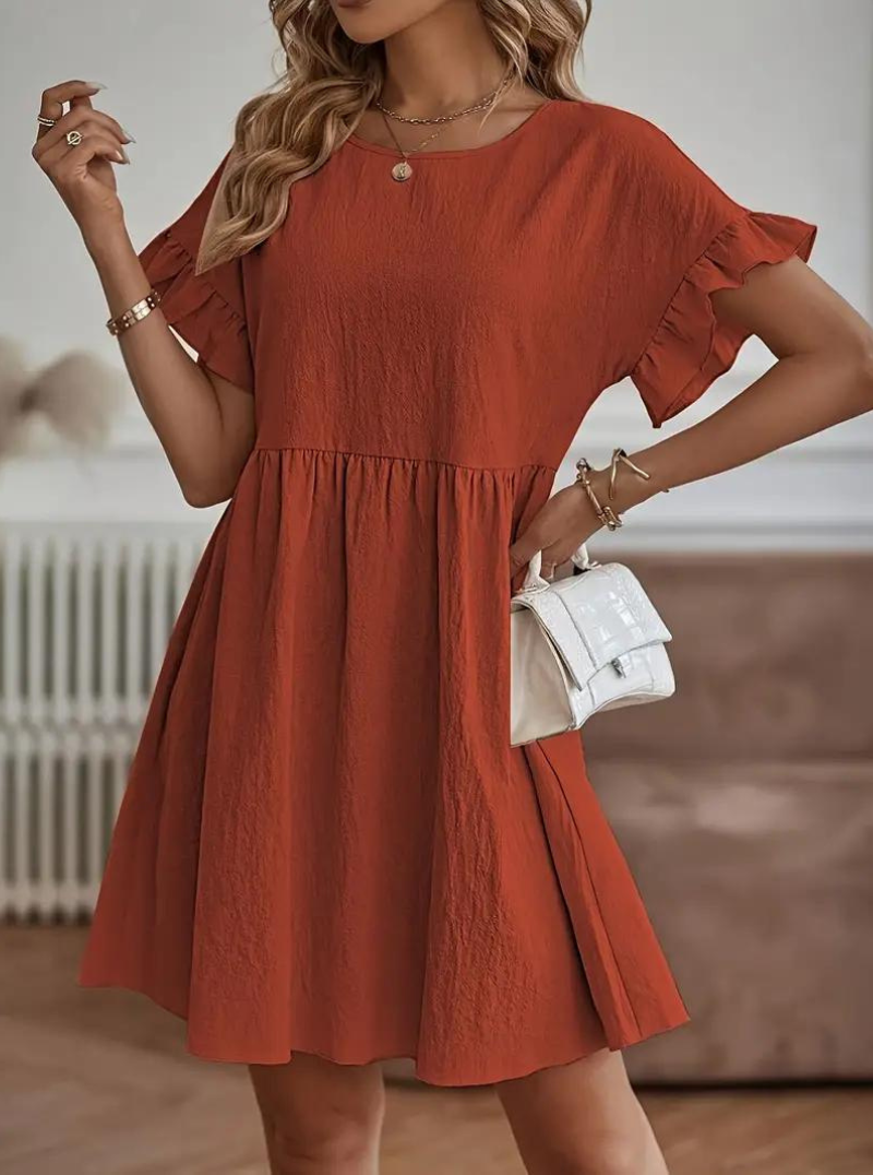 Valenzora | Loose Fit Short Sleeve Ruffled Dress Short Dress