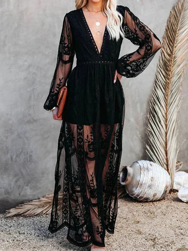 Valenzora | V-neck Long Sleeve Maxi Dress Summer Dress