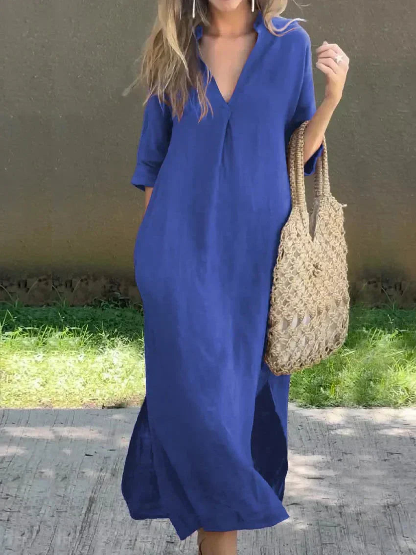 Valenzora | Leinenkleid mit V-Ausschnitt und Taschen für Damen