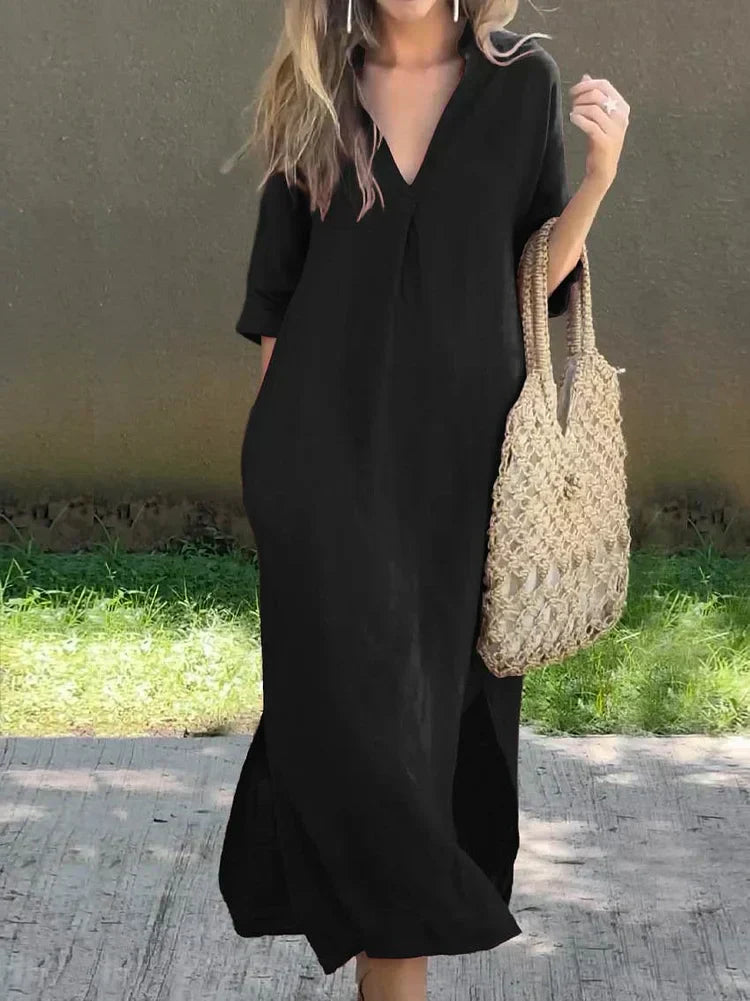Valenzora | Leinenkleid mit V-Ausschnitt und Taschen für Damen