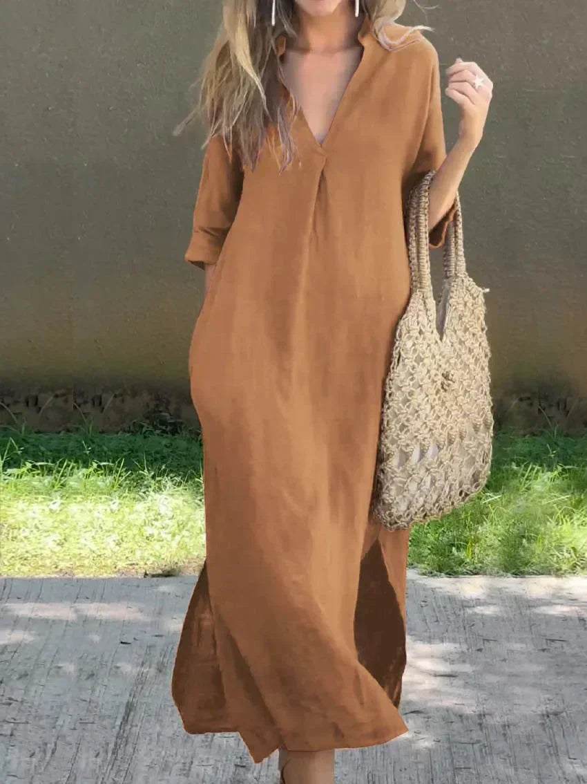 Valenzora | Leinenkleid mit V-Ausschnitt und Taschen für Damen