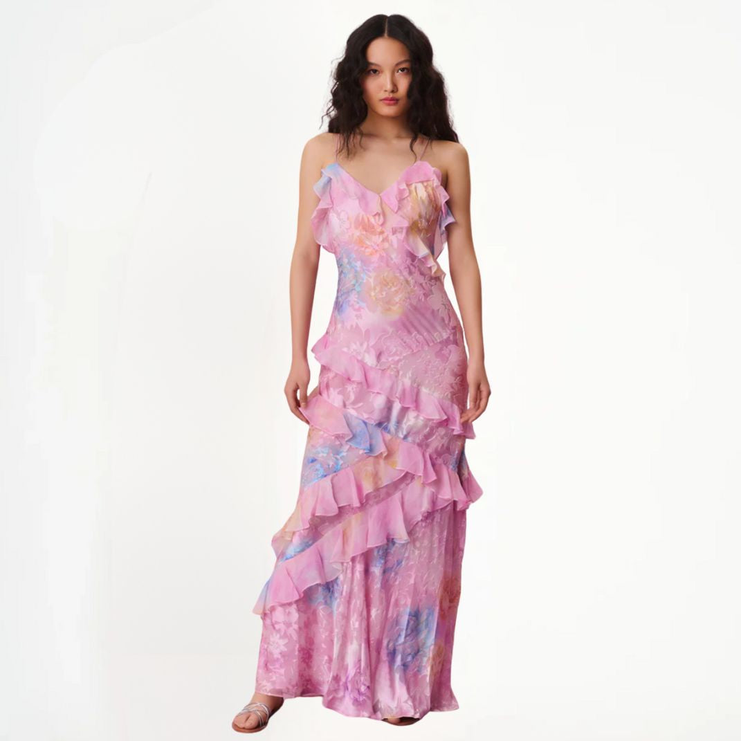 Valenzora | Women's Floral Dress with Ruffles & V-Neck