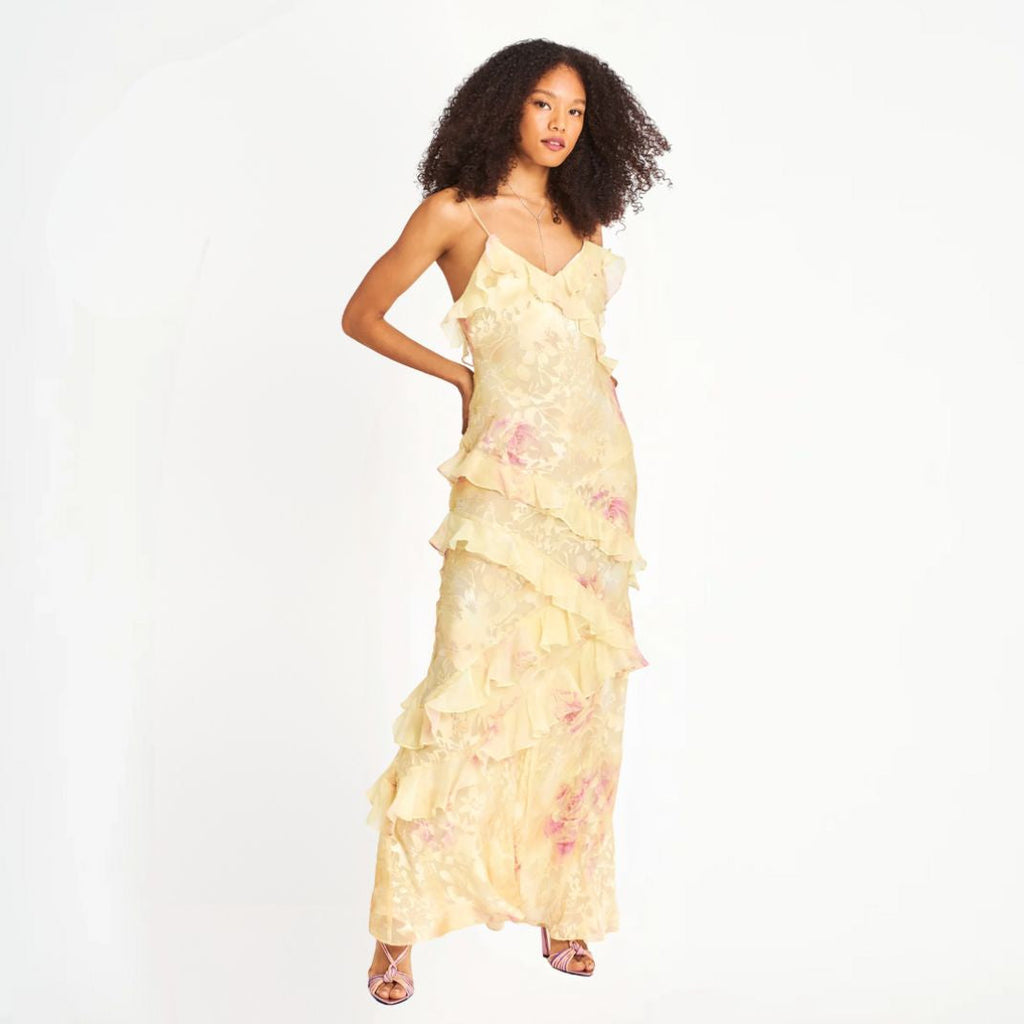 Valenzora | Women's Floral Dress with Ruffles & V-Neck