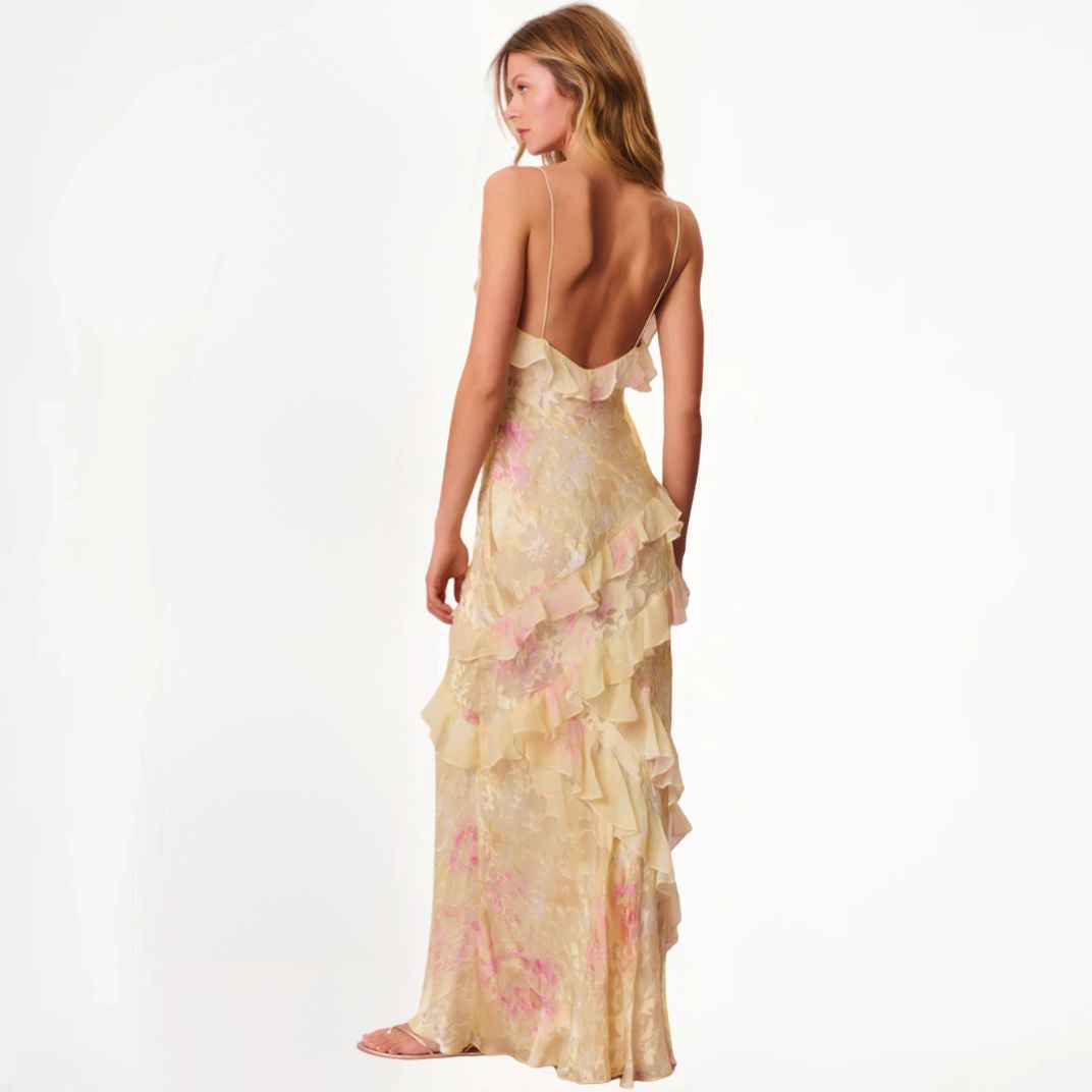 Valenzora | Women's Floral Dress with Ruffles & V-Neck