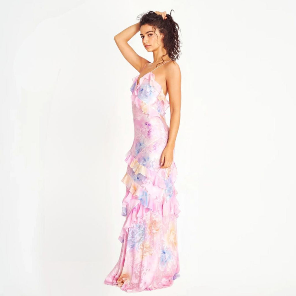 Valenzora | Women's Floral Dress with Ruffles & V-Neck