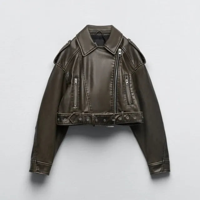 Valenzora - Women's cropped faux leather biker jacket with fitted waist