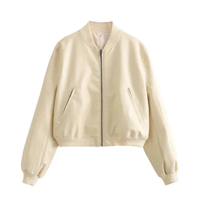 Valenzora - Vintage PU leather bomber jacket for women with stand-up collar and front zipper