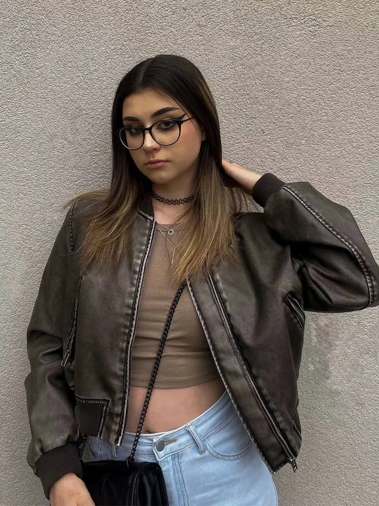 Valenzora – Vintage PU-Leder Bomberjacke für Damen mit Stehkragen und Frontreißverschluss