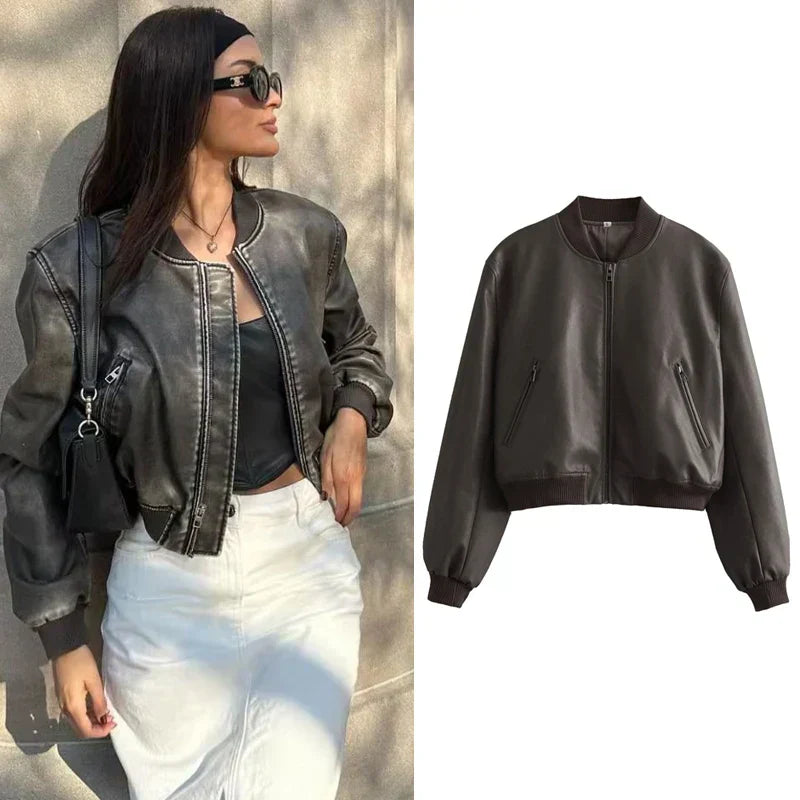 Valenzora – Vintage PU-Leder Bomberjacke für Damen mit Stehkragen und Frontreißverschluss