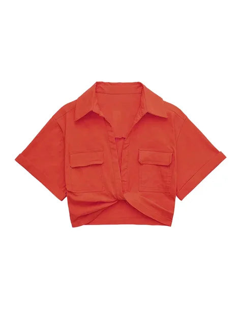 Valenzora - Women's Vintage Short Sleeve Linen Crop Shirt