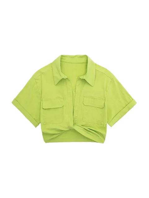 Valenzora - Women's Vintage Short Sleeve Linen Crop Shirt