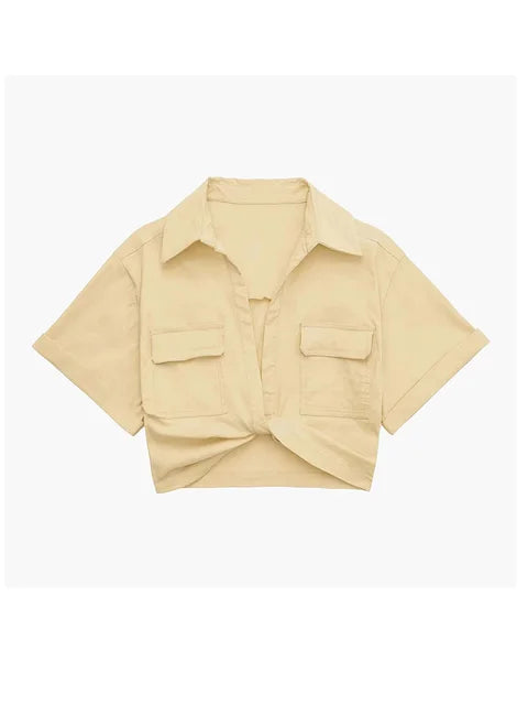 Valenzora - Women's Vintage Short Sleeve Linen Crop Shirt