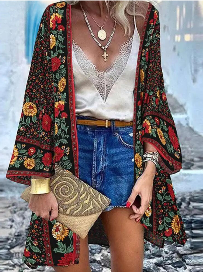 Valenzora | Sommerliche Damenstrickjacke im Boho-Stil mit buntem Blumenmuster