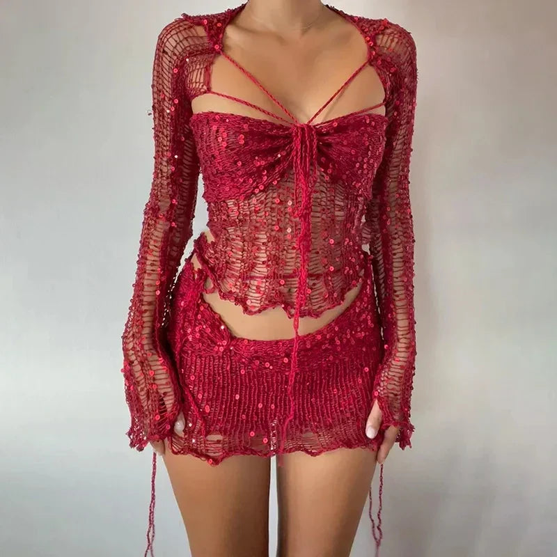 Valenzora Zweiteiliges langärmliges Pailletten-Stricktop mit Ausschnitt und Bodycon-Rock